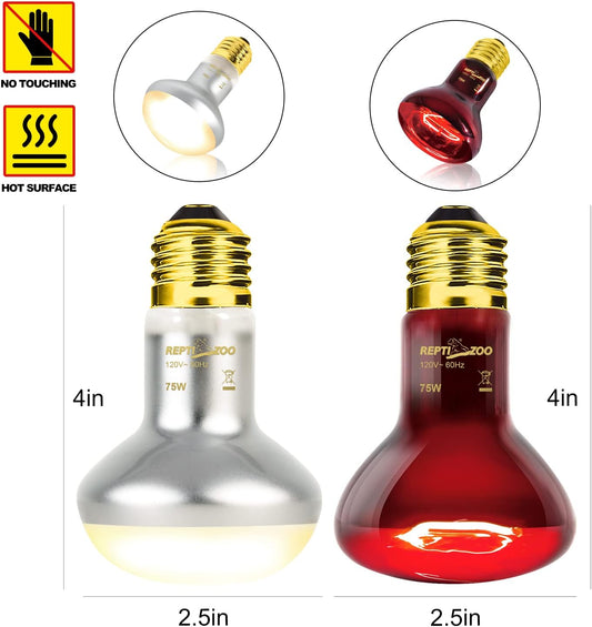 REPTI ZOO 75W Reptile Heat Lamp Bulb, 2PCS Day & Night Basking Spot Light Combo Pack Includes Infrared Heat Lamp and UVA Daylight Heating Lamp Basking Light