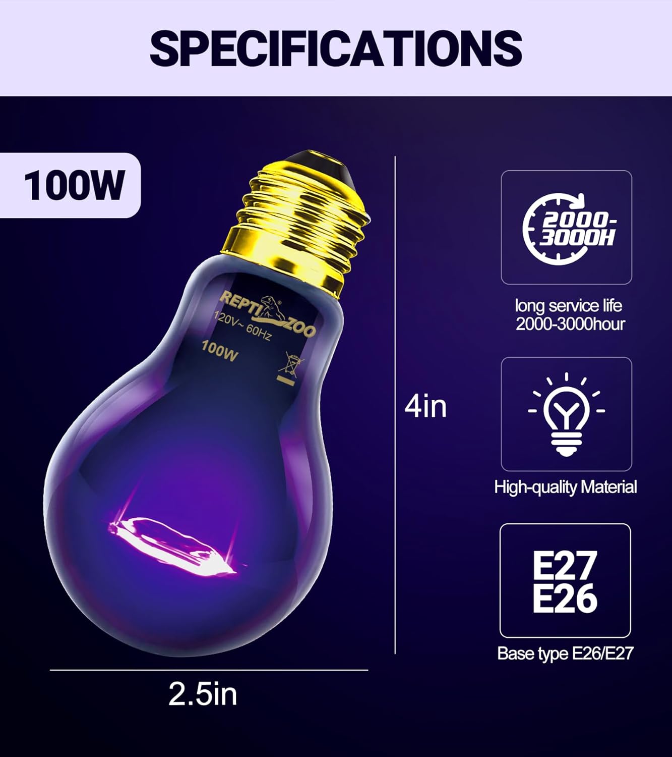 REPTI ZOO 2Pack Reptile Heat Lamp 100W Reptile Night Heat Bulb Night Heat Lamp Without UVA for Turtle Bearded Dragon Gecko Lizard and Snake E26/E27 Purple