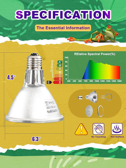 Heat Lamp Bulb, 100 Watt Infrared Heat Bulb, Non-Luminous Self-Ballasted Bulb, Deep Dome Lamp Fixture, Immediate Heat-Up, 24 Hour Heat Source for Reptiles and Amphibians