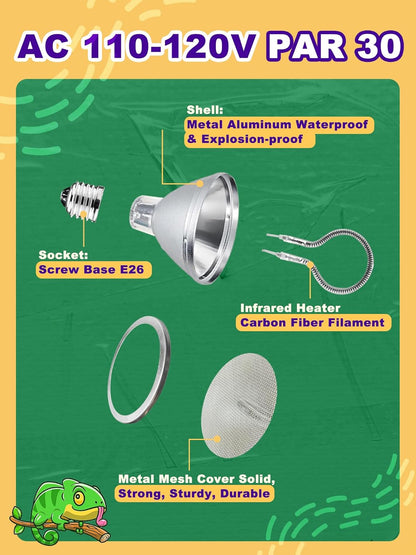 Heat Lamp Bulb, 100 Watt Infrared Heat Bulb, Non-Luminous Self-Ballasted Bulb, Deep Dome Lamp Fixture, Immediate Heat-Up, 24 Hour Heat Source for Reptiles and Amphibians