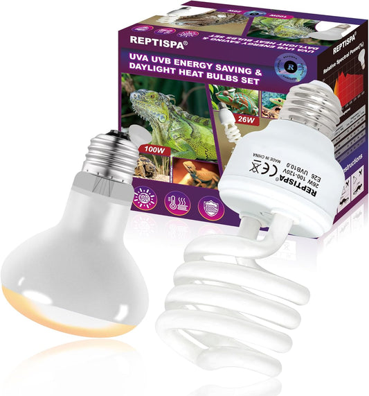 Heat Lamp Combo, 100W UVA Daylight Reptile Heat Lamp Bulb and 26W Desert 10.0 UVB Light for Reptiles, Energy Saving UVB Bulb, Infrared Basking Light for Bearded Dragon, Turtle and Lizard