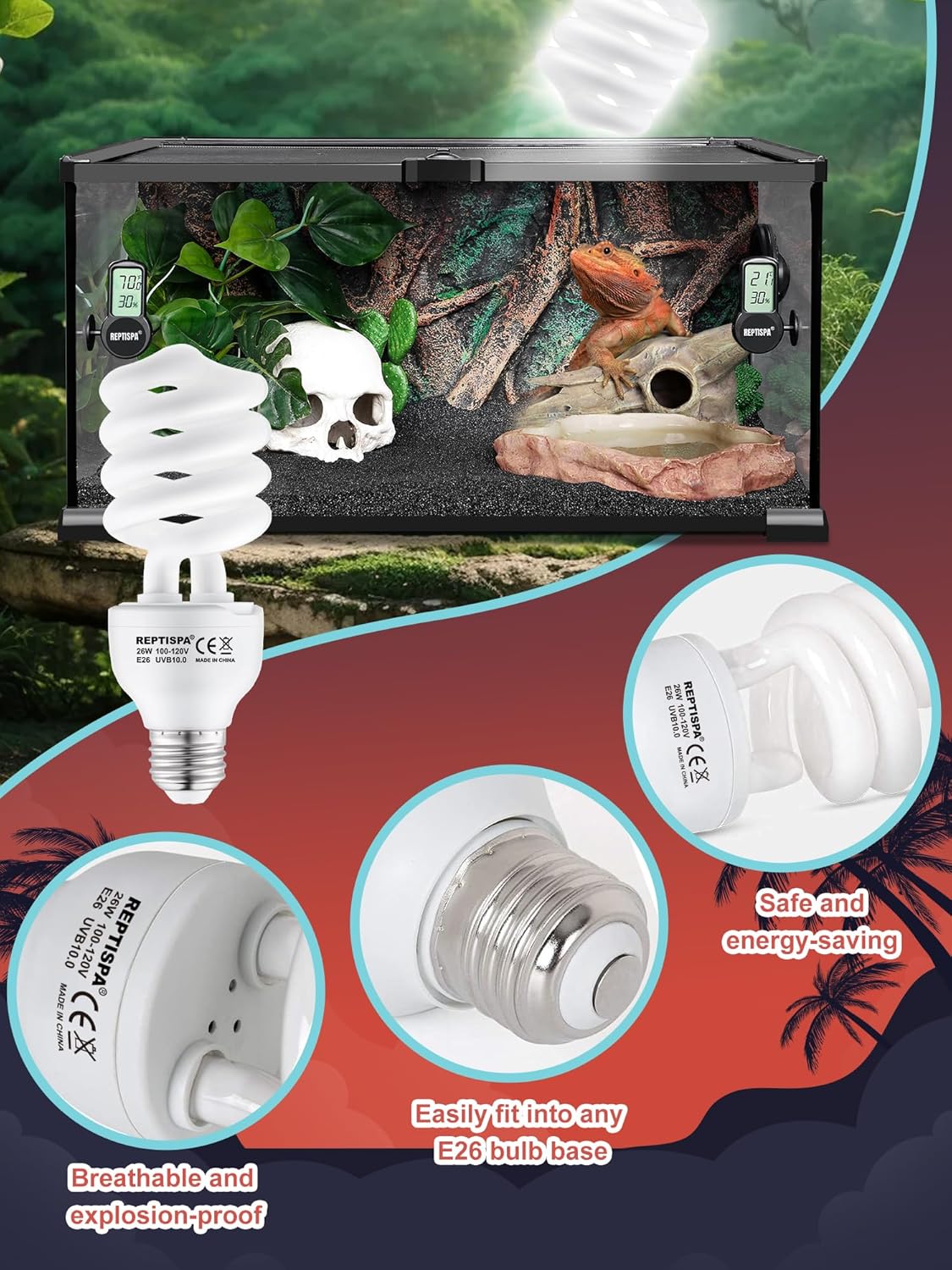 Heat Lamp Combo, 100W UVA Daylight Reptile Heat Lamp Bulb and 26W Desert 10.0 UVB Light for Reptiles, Energy Saving UVB Bulb, Infrared Basking Light for Bearded Dragon, Turtle and Lizard