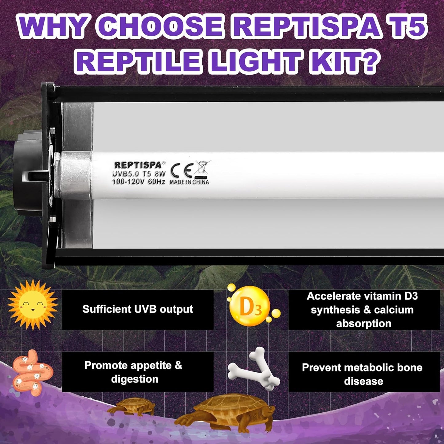 T5 HO UVB Lighting Combo Kit, Reptile Light Fixture with Fluorescent Light Bulbs, Tropical Light for Reptiles and Amphibians, Basking Light for Bearded Dragon, High Output Natural Light (8W 5.0 UVB)