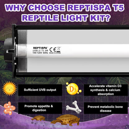 T5 HO UVB Lighting Combo Kit, Reptile Light Fixture with Fluorescent Light Bulbs, Tropical Light for Reptiles and Amphibians, Basking Light for Bearded Dragon, High Output Natural Light (8W 5.0 UVB)