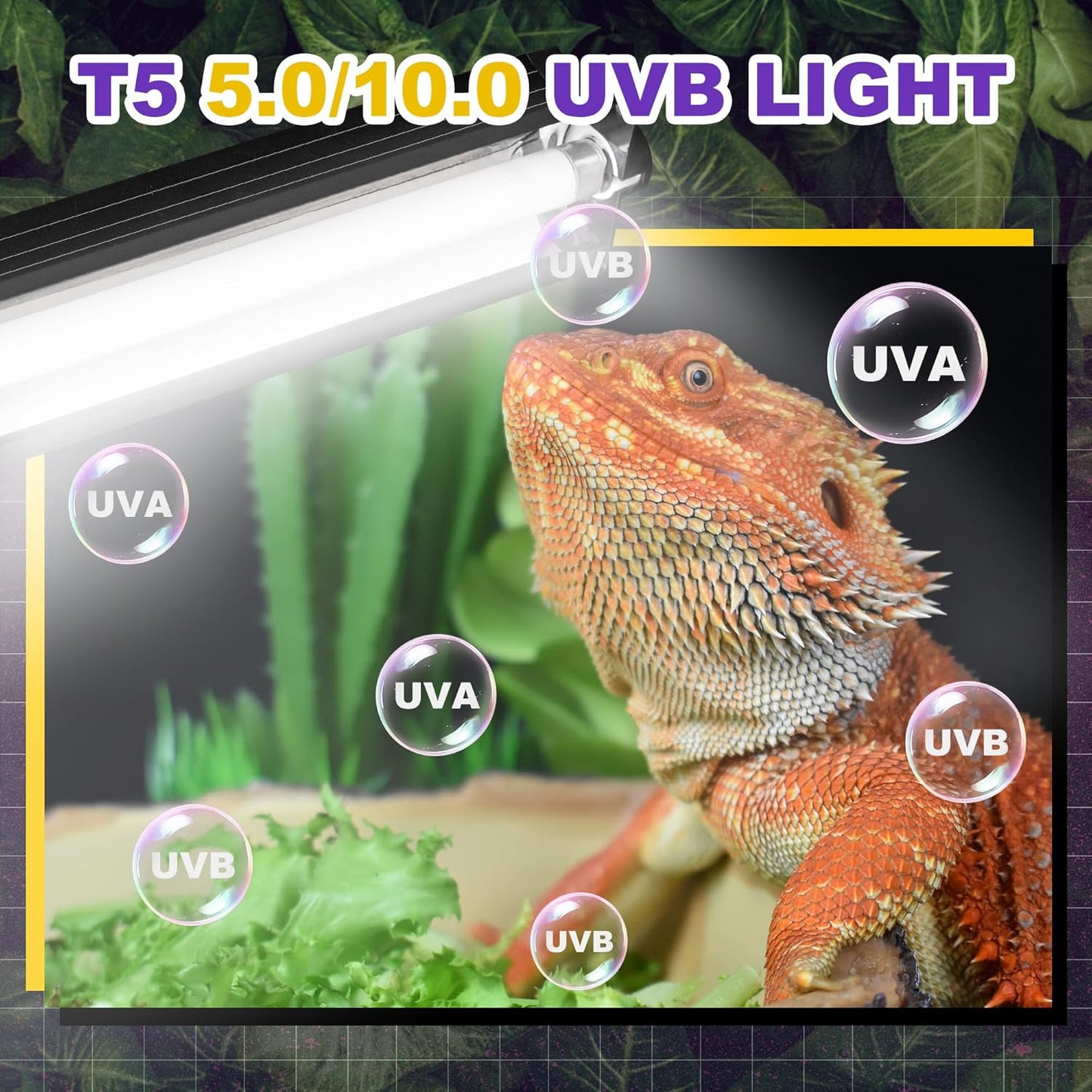 T5 HO UVB Lighting Combo Kit, Reptile Light Fixture with Fluorescent Light Bulbs, Tropical Light for Reptiles and Amphibians, Basking Light for Bearded Dragon, High Output Natural Light (8W 5.0 UVB)
