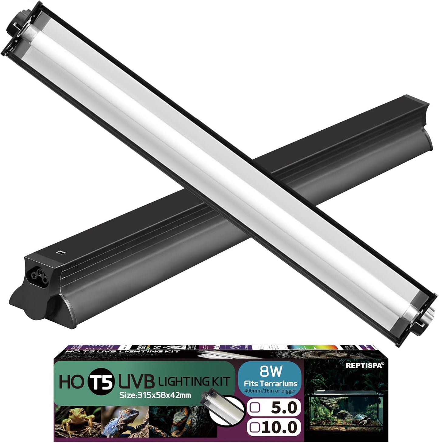 T5 HO UVB Lighting Combo Kit, Reptile Light Fixture with Fluorescent Light Bulbs, Tropical Light for Reptiles and Amphibians, Basking Light for Bearded Dragon, High Output Natural Light (8W 5.0 UVB)